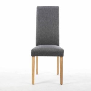A modern dining chair with a tall gray upholstered backrest and cushioned seat, supported by four straight wooden legs on a white background.