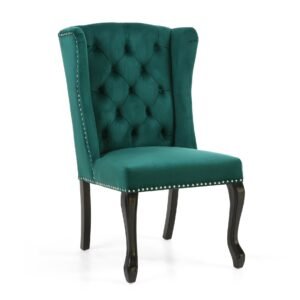 Elegant teal wingback chair with button-tufted upholstery. Features dark, curved wooden legs and silver nailhead trim, exuding a classic, sophisticated style.