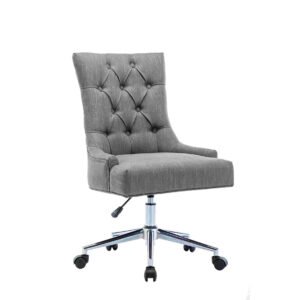 A gray upholstered office chair with a tufted, high-back design on a chrome base with wheels. It has an adjustable height lever. Modern and stylish.