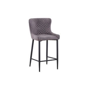 Quilted gray bar stool with a high backrest and sleek black metal legs. The plush and elegant design exudes comfort and modern sophistication.