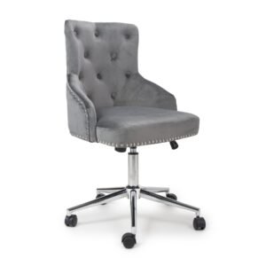 Elegant gray office chair with tufted, cushioned backrest and nailhead trim. Features chrome base with five caster wheels for mobility.