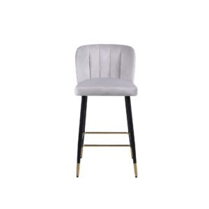 Elegant bar stool with a light gray upholstered cushion and backrest, vertical stitching, black legs, and gold accents. Modern, sleek design conveys sophistication.