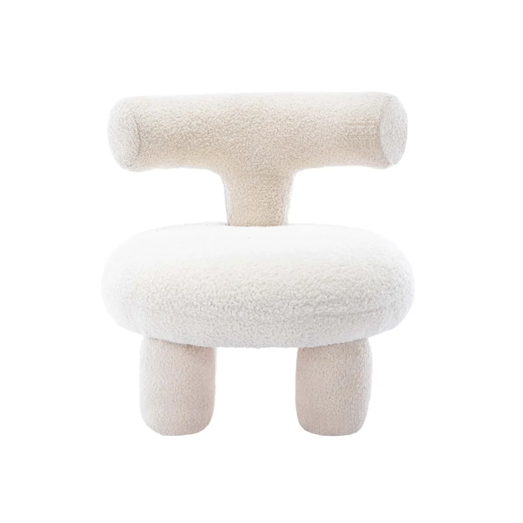 Modern chair with a unique sculptural design featuring a cylindrical backrest and rounded seat. Covered in soft, white fabric for a cozy, contemporary look.
