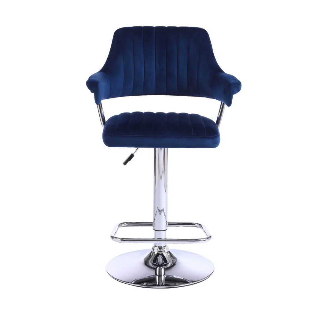 A modern barstool with a sleek design features a deep blue velvet seat and backrest with vertical tufting on a shiny chrome pedestal base.