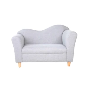 Light gray sofa with a wavy backrest and rounded armrests on light wooden legs, conveying a modern and cozy feel against a white background.
