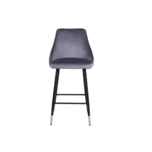 A sleek, modern bar stool with a dark gray, curved backrest and seat. It has four slender legs with silver tips, conveying simplicity and elegance.
