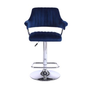 Blue velvet bar stool with a cushioned backrest and seat, featuring chrome armrests and adjustable base. The design is modern and sleek.