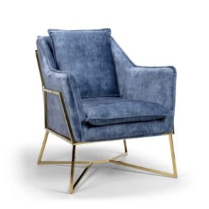 Modern armchair with a blue upholstered seat and backrest. It features a sleek, gold-colored metal frame, conveying a contemporary and elegant feel.