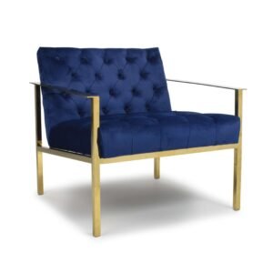Elegant armchair featuring deep blue tufted upholstery and sleek gold metal frame. The modern design exudes luxury and sophistication.