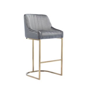 Modern bar stool with sleek gray upholstery and vertical stitching. Features a gold metal base with a footrest, conveying a stylish and contemporary look.