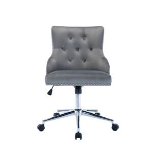 Gray tufted office chair on wheels with chrome base. Features adjustable height lever and stitched detailing, offering a modern and stylish design.
